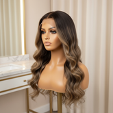 BALAYAGE WAVY wig on caramel mannequin with makeup