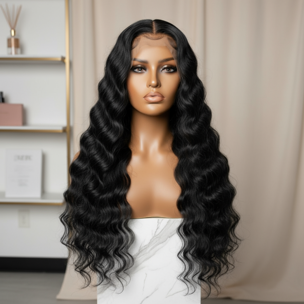 WATER WAVE BLACK wig on caramel mannequin with makeup