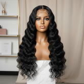 WATER WAVE BLACK wig on caramel mannequin with makeup