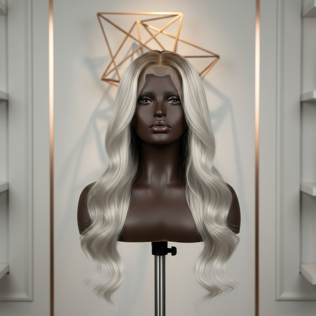 KERUBO SIGNATURE PLATINUM ASHY BLONDE wig on darker mannequin